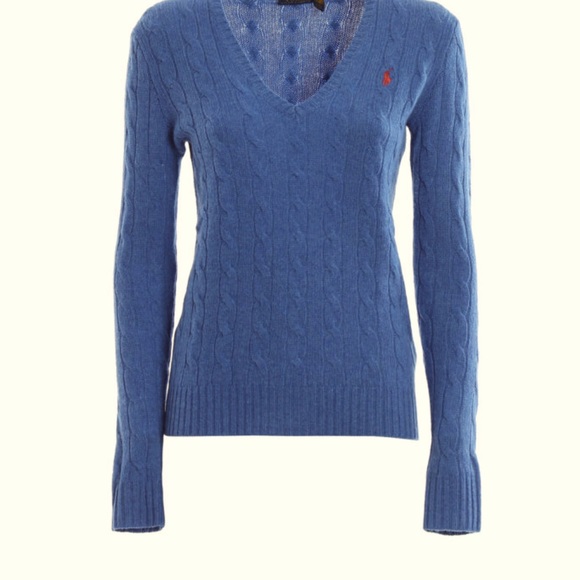 RALPH LAUREN Classic Preppy Blue Cable Knit V-Neck Sweater Pink Polo Pony XL NEW - Picture 3 of 12